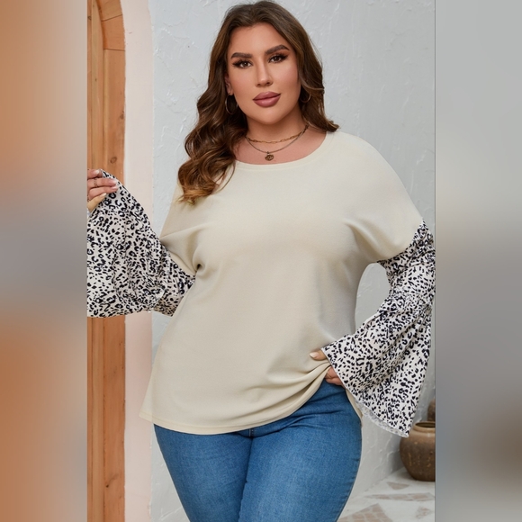 Plus Size Leopard Round Neck Long Sleeve Top - Picture 1 of 10